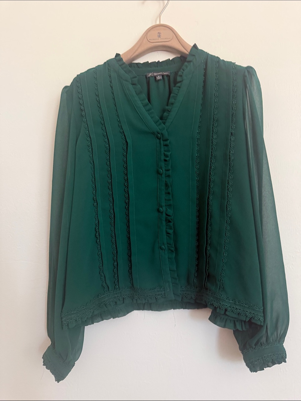 Adrianna Papell Forest Green Ruffle-Trim Button Front Blouse